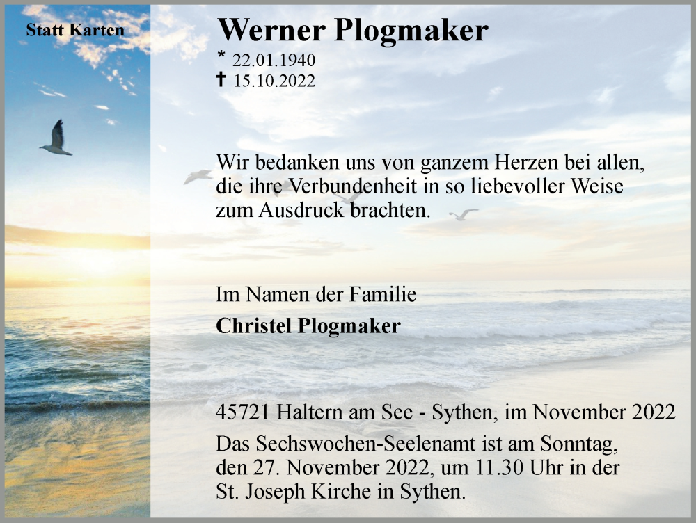  Traueranzeige für Werner Plogmaker vom 23.11.2022 aus Ruhr Nachrichten und Halterner Zeitung