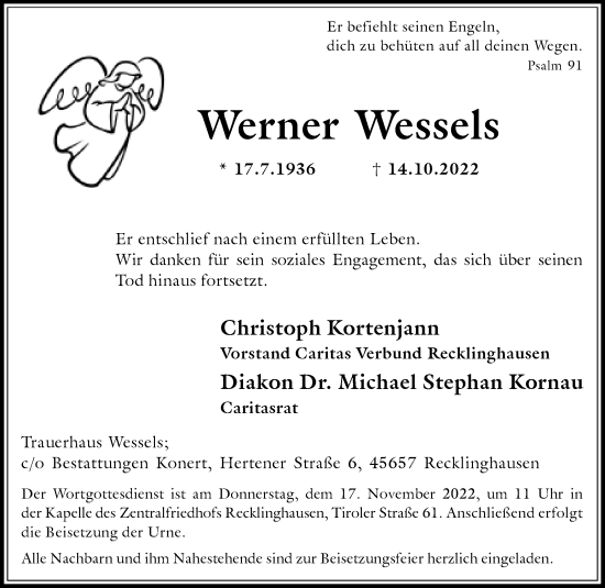 Traueranzeige von Werner Wessels von Medienhaus Bauer
