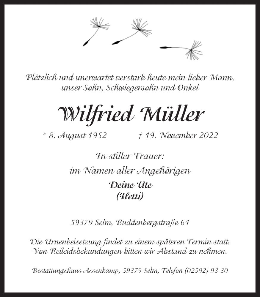  Traueranzeige für Wilfried Müller vom 22.11.2022 aus Ruhr Nachrichten