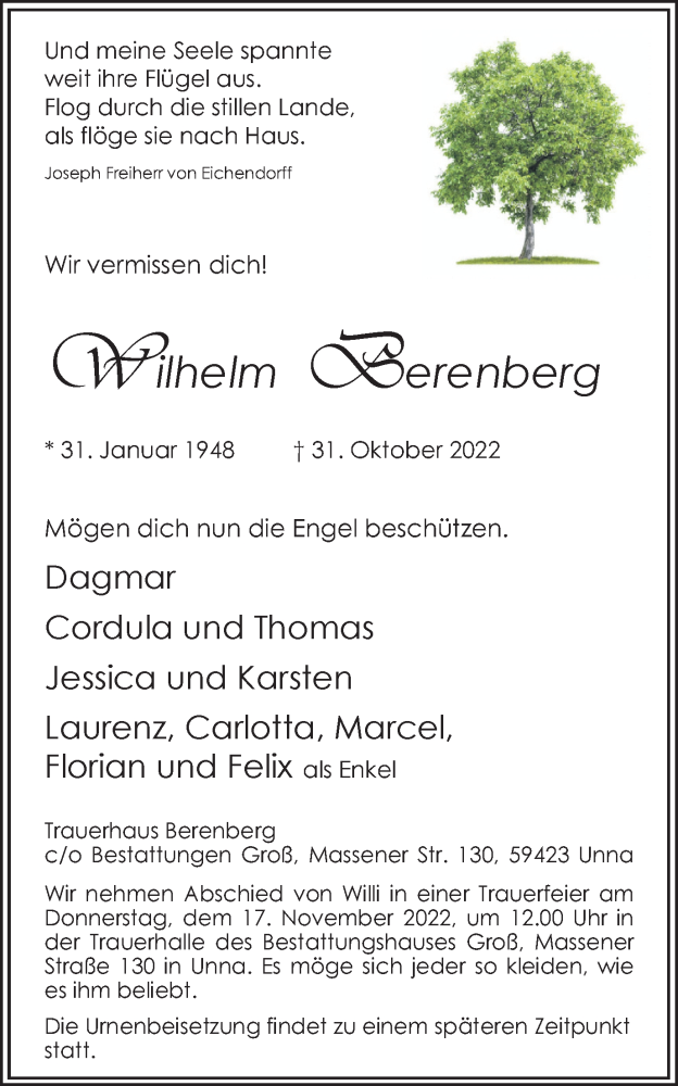  Traueranzeige für Wilhelm Berenberg vom 12.11.2022 aus Hellweger Anzeiger