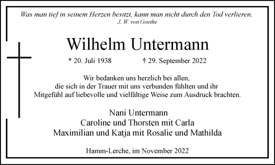 Traueranzeige von Wilhelm Untermann von Hellweger Anzeiger