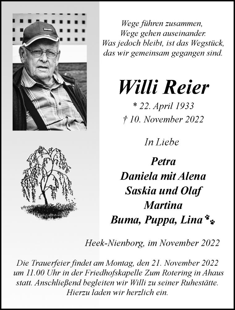  Traueranzeige für Willi Reier vom 17.11.2022 aus Münstersche Zeitung und Münsterland Zeitung