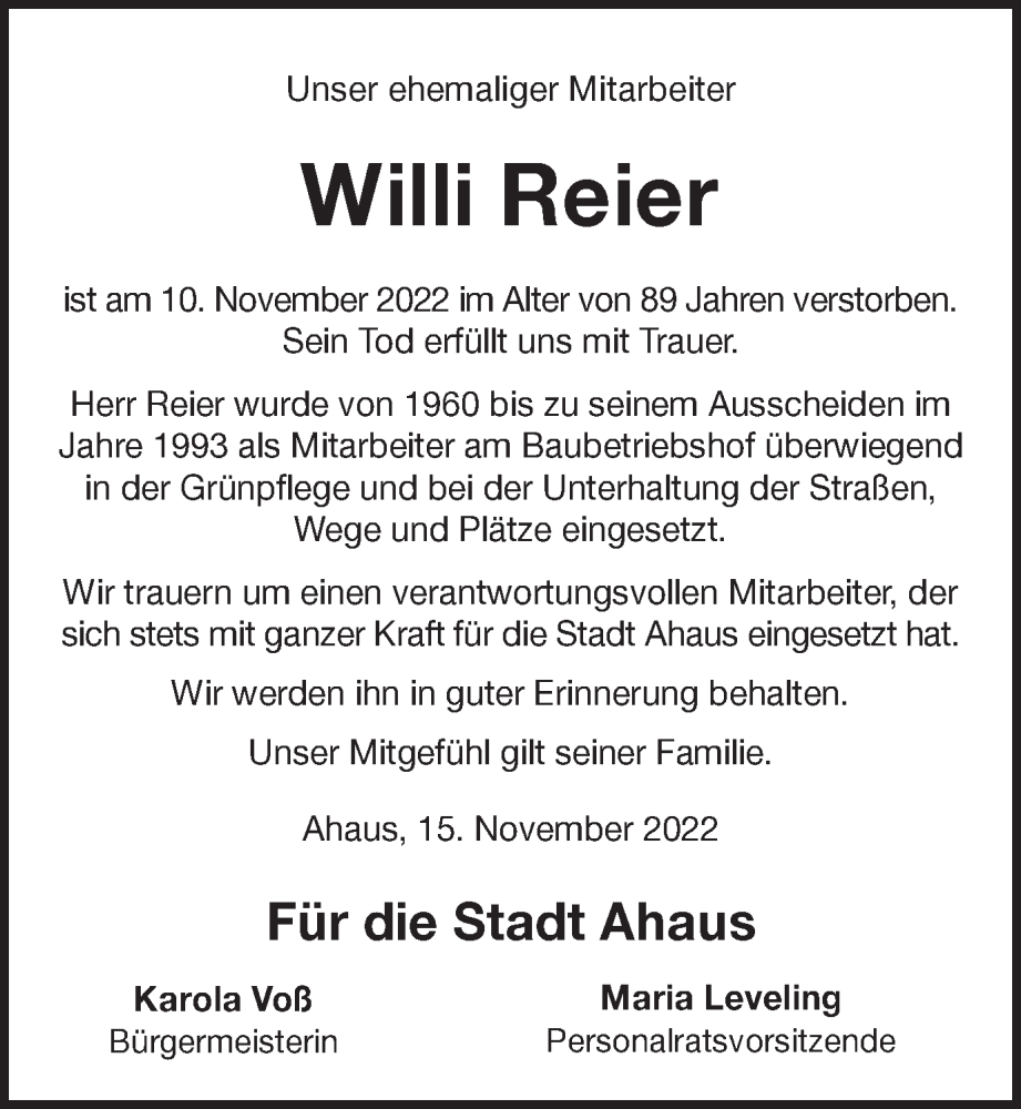 Traueranzeige für Willi Reier vom 17.11.2022 aus Münstersche Zeitung und Münsterland Zeitung