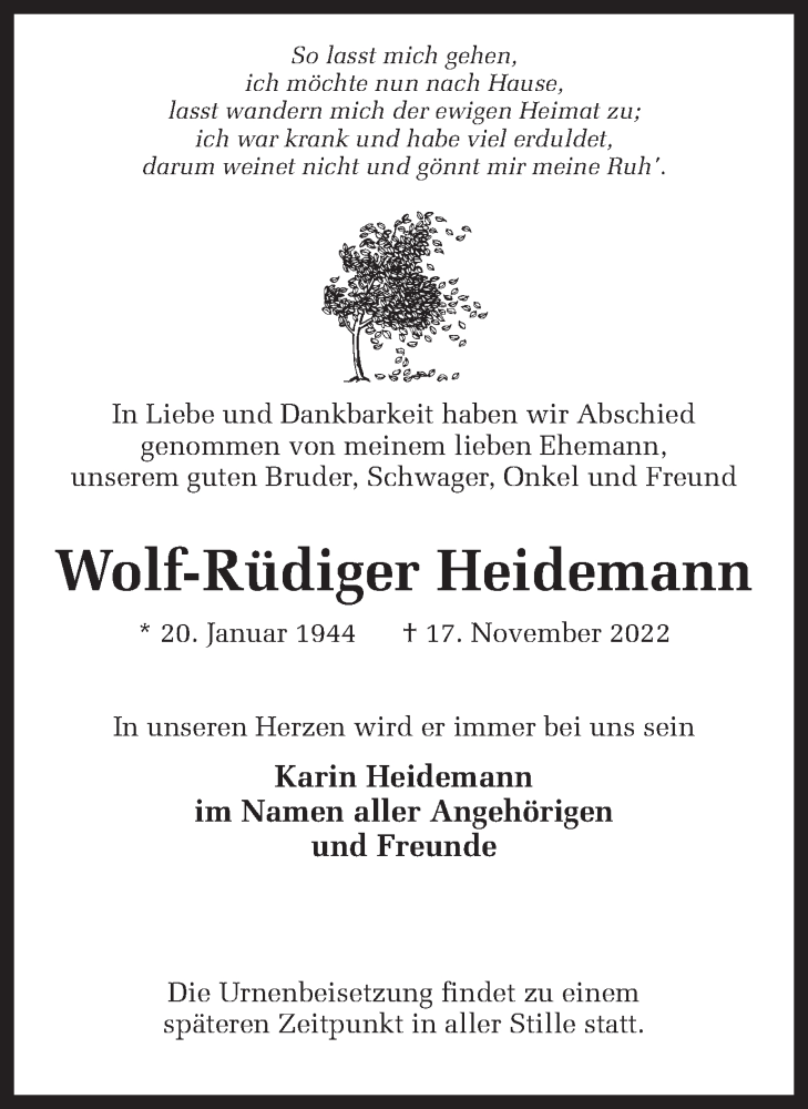  Traueranzeige für Wolf-Rüdiger Heidemann vom 23.11.2022 aus Ruhr Nachrichten
