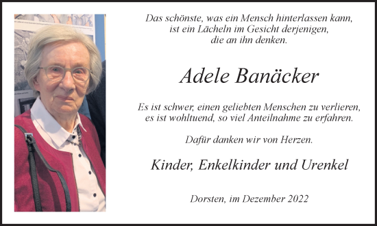 Traueranzeige von Adele Banäcker von Ruhr Nachrichten und Dorstener Zeitung
