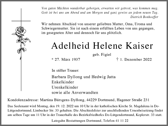 Traueranzeige von Adelheid Helene Kaiser 