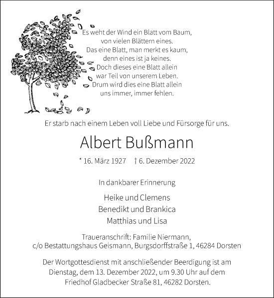 Traueranzeige von Albert Bußmann von Ruhr Nachrichten und Dorstener Zeitung