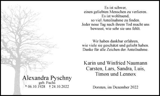 Traueranzeige von Alexandra Pyschny von Ruhr Nachrichten und Dorstener Zeitung
