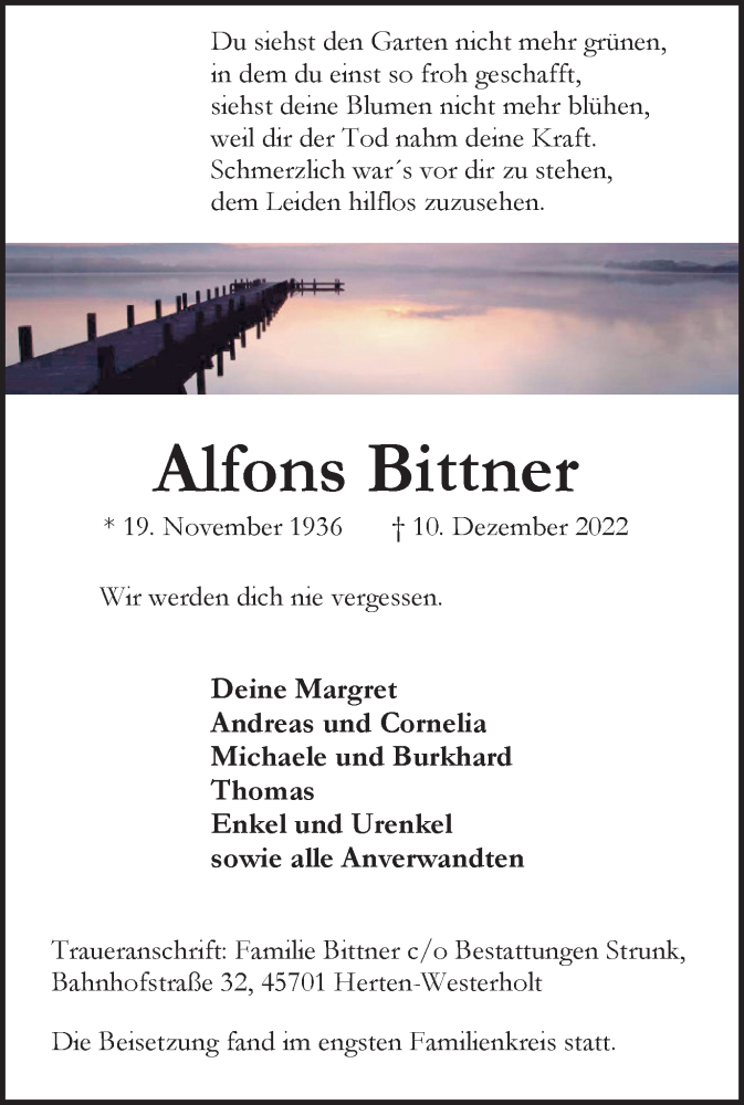  Traueranzeige für Alfons Bittner vom 30.12.2022 aus Medienhaus Bauer