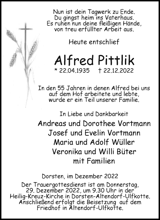 Traueranzeige von Alfred Pittlik von Ruhr Nachrichten und Dorstener Zeitung