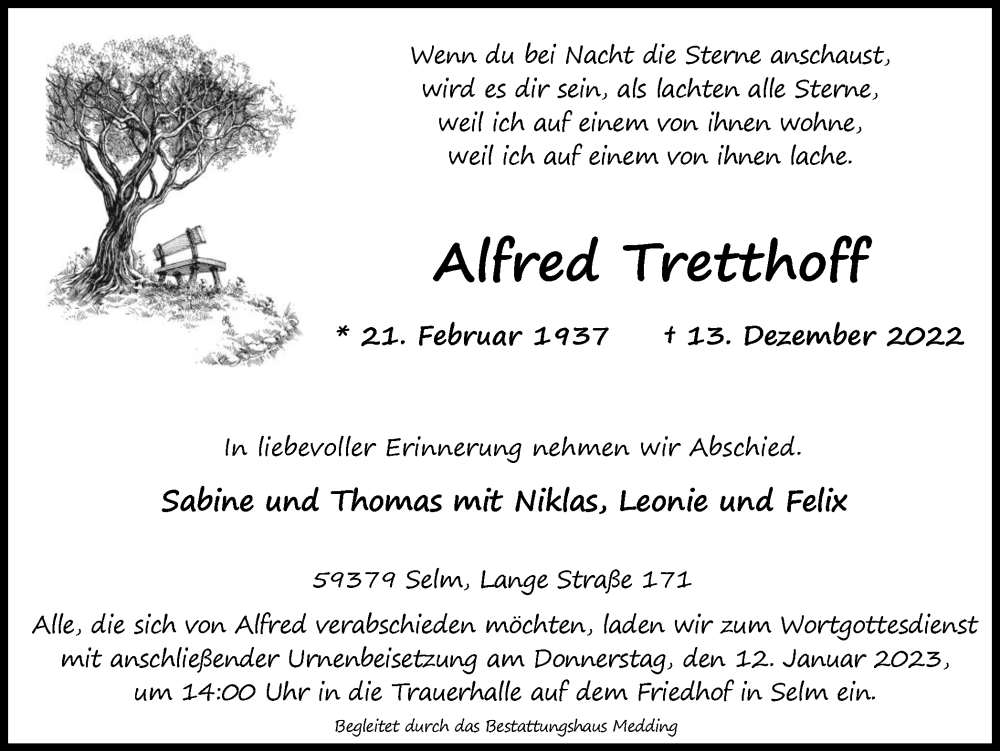  Traueranzeige für Alfred Tretthoff vom 31.12.2022 aus 