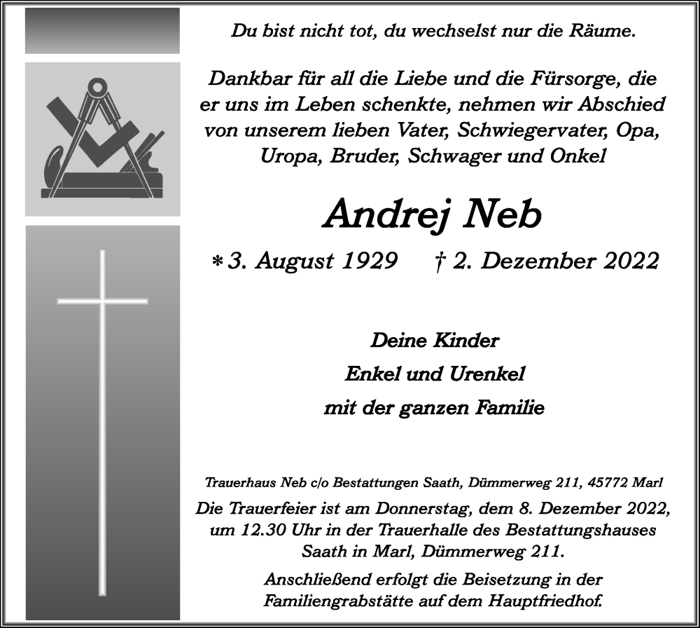  Traueranzeige für Andrej Neb vom 05.12.2022 aus Medienhaus Bauer