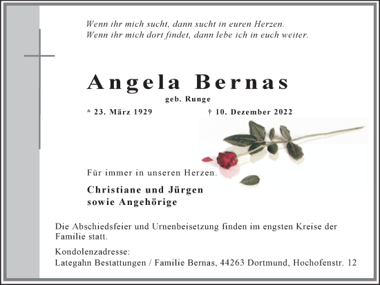 Traueranzeige von Angela Bernas 