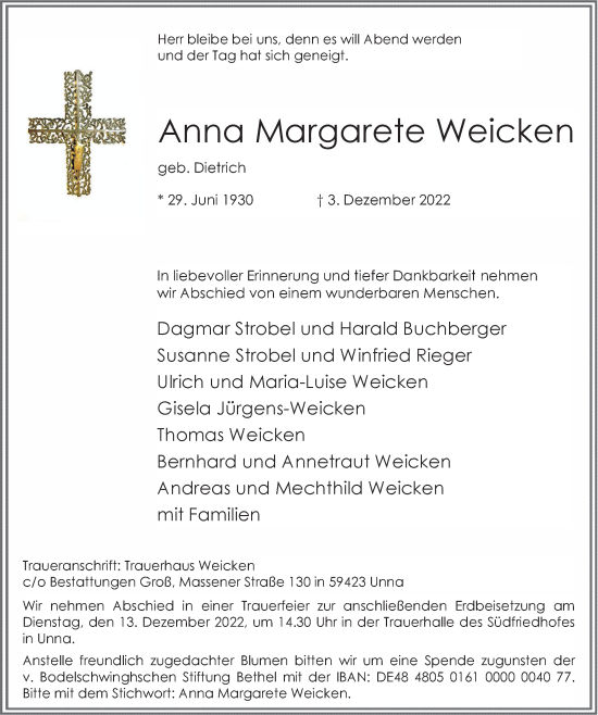 Traueranzeige von Anna Margarete Weicken von Hellweger Anzeiger