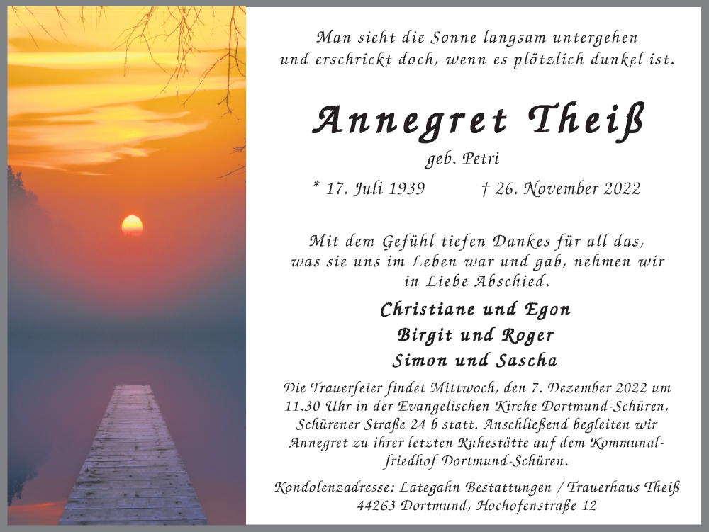  Traueranzeige für Annegret Theiß vom 03.12.2022 aus 