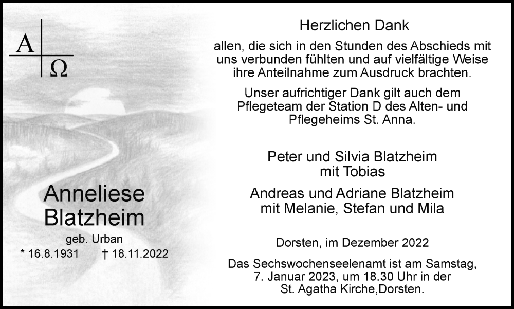  Traueranzeige für Anneliese Blatzheim vom 31.12.2022 aus Ruhr Nachrichten und Dorstener Zeitung