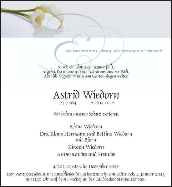 Traueranzeige von Astrid Wiedorn von Ruhr Nachrichten und Dorstener Zeitung
