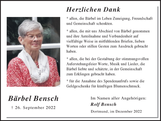 Traueranzeige von Bärbel Bensch 