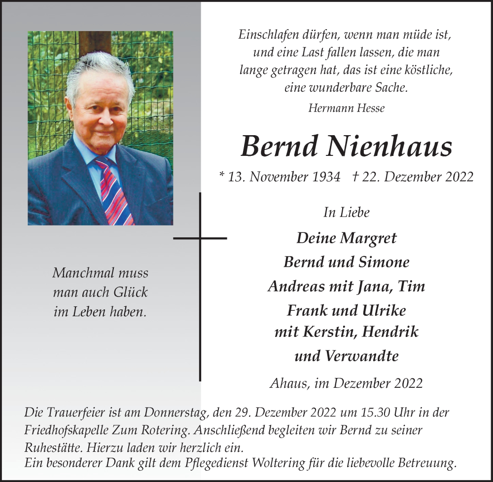  Traueranzeige für Bernd Nienhaus vom 27.12.2022 aus Münstersche Zeitung und Münsterland Zeitung