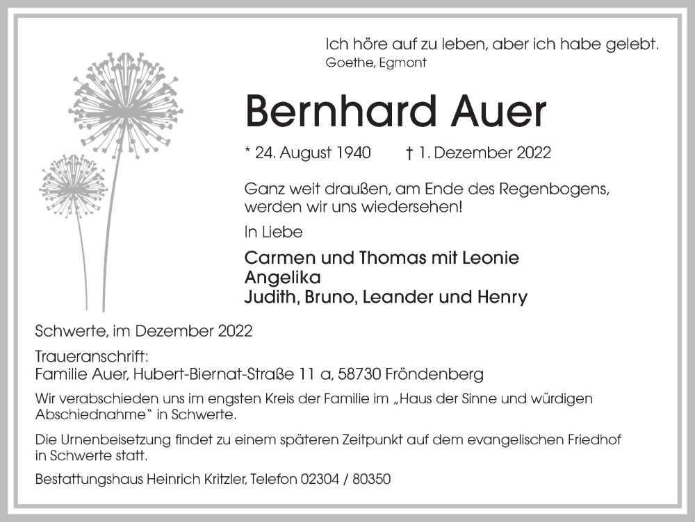  Traueranzeige für Bernhard Auer vom 03.12.2022 aus Ruhr Nachrichten