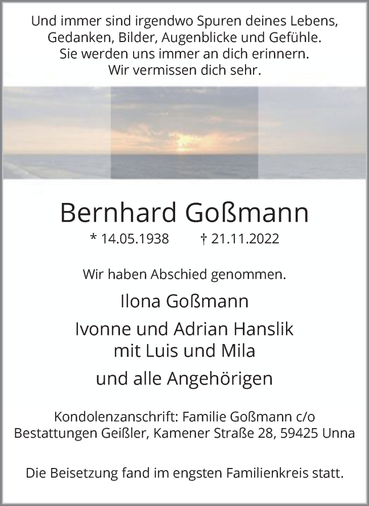  Traueranzeige für Bernhard Goßmann vom 02.12.2022 aus Hellweger Anzeiger