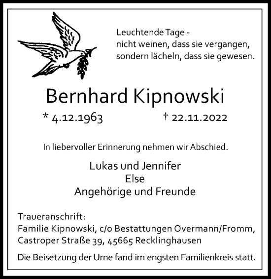 Traueranzeige von Bernhard Kipnowski von Medienhaus Bauer