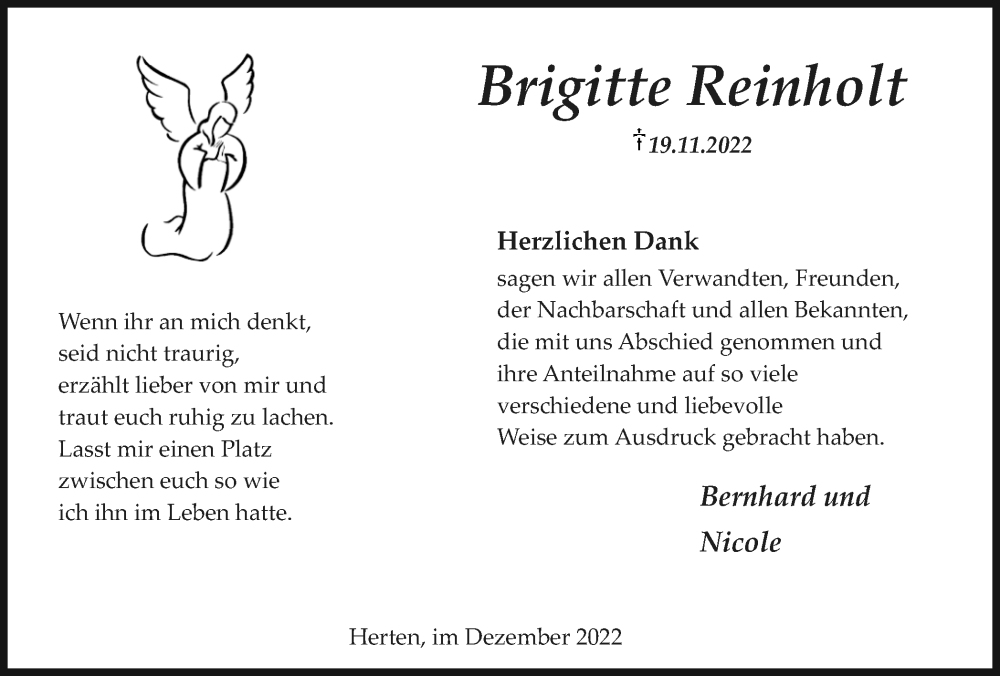  Traueranzeige für Brigitte Reinholt vom 28.12.2022 aus Medienhaus Bauer