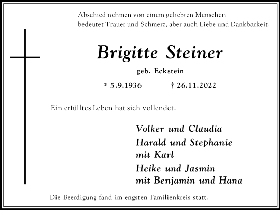 Traueranzeige von Brigitte Steiner von Medienhaus Bauer