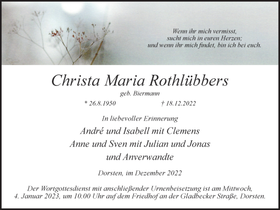 Traueranzeige von Christa Maria Rothlübbers von Ruhr Nachrichten und Dorstener Zeitung