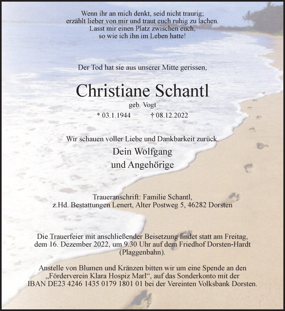  Traueranzeige für Christiane Schantl vom 14.12.2022 aus Ruhr Nachrichten und Dorstener Zeitung