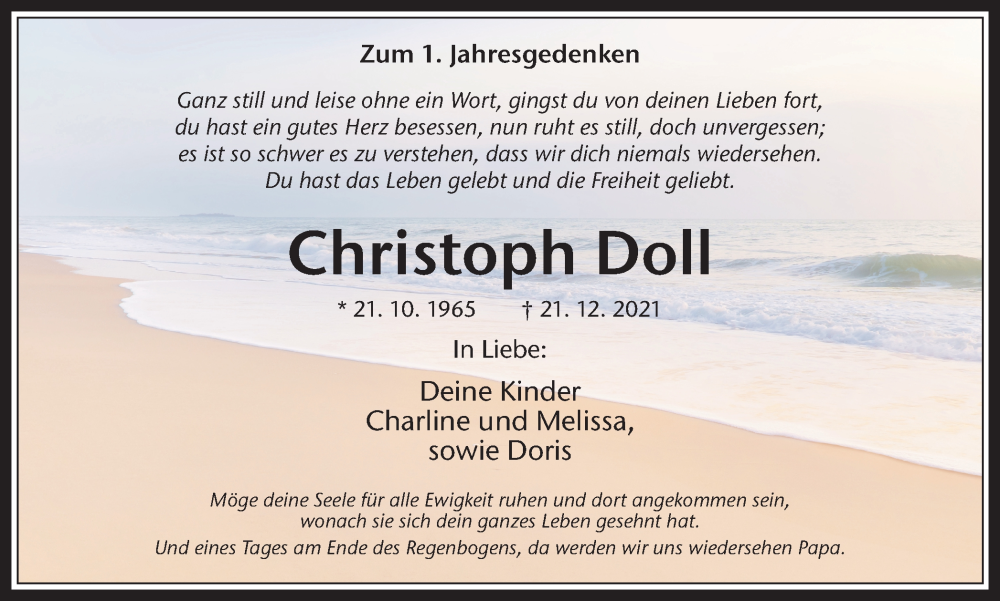  Traueranzeige für Christoph Doll vom 21.12.2022 aus Medienhaus Bauer