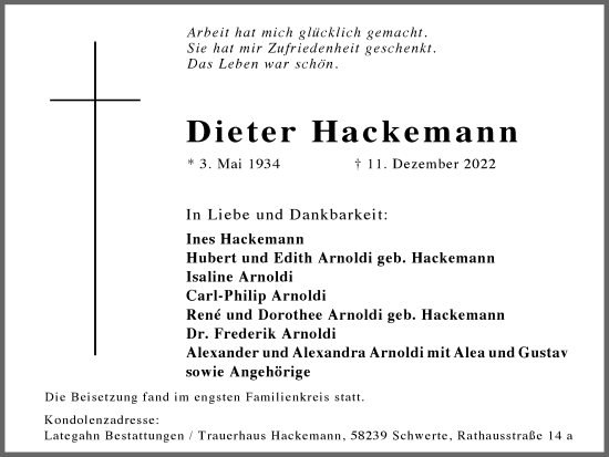 Traueranzeige von Dieter Hackemann 