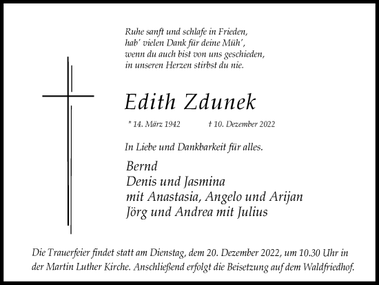 Traueranzeige von Edith Zdunek von Ruhr Nachrichten und Dorstener Zeitung