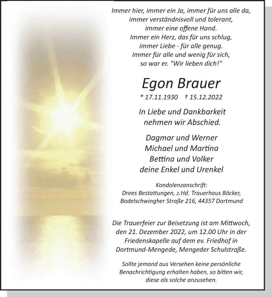 Traueranzeige für Egon Brauer vom 19.12.2022 aus 