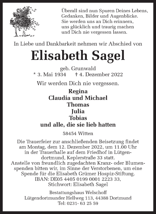 Traueranzeige von Elisabeth Sagel 