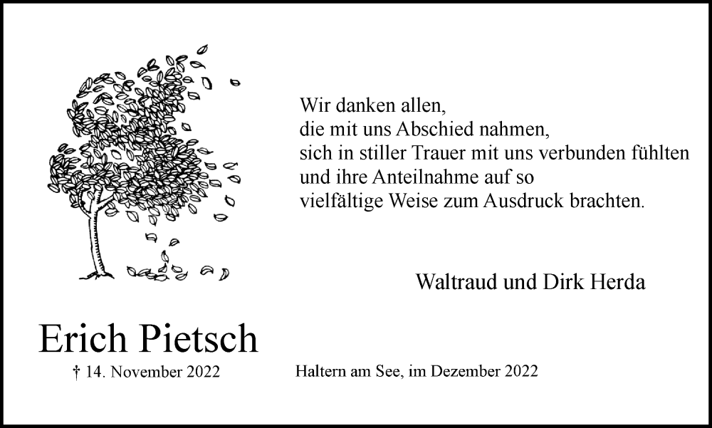  Traueranzeige für Erich Pietsch vom 10.12.2022 aus Ruhr Nachrichten und Halterner Zeitung