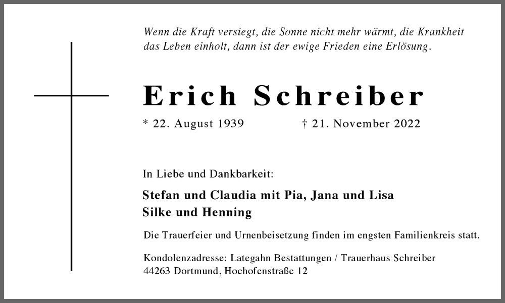  Traueranzeige für Erich Schreiber vom 10.12.2022 aus 