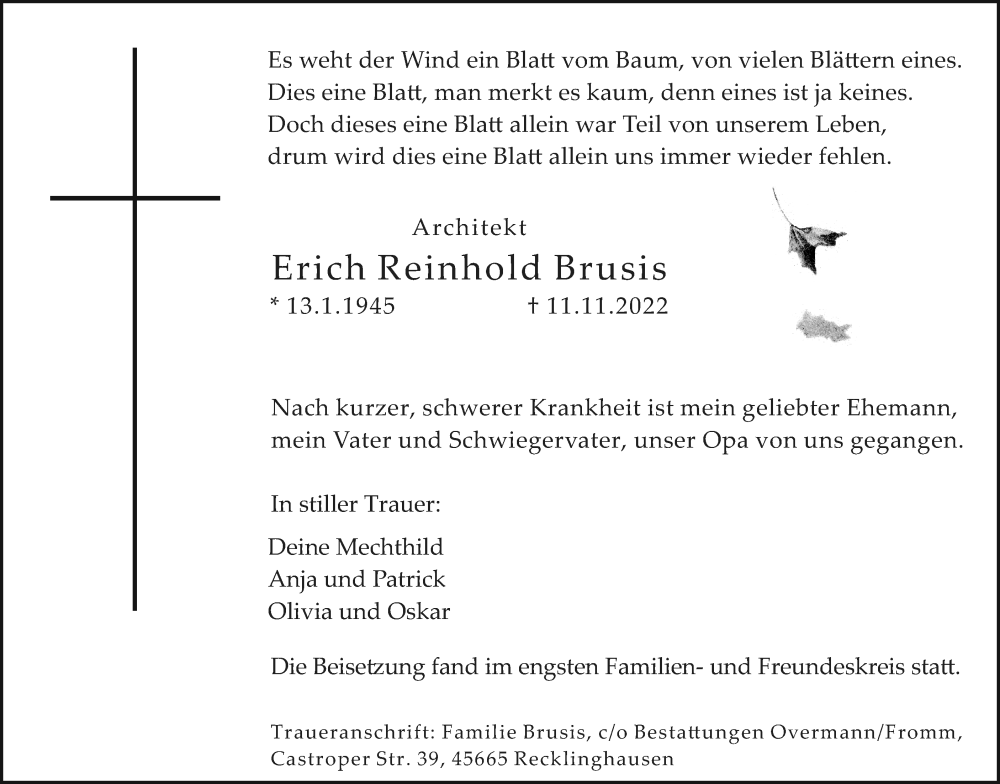 Traueranzeige für Erich Reinhold Brusis vom 03.12.2022 aus Medienhaus Bauer