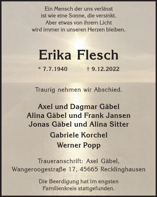 Traueranzeige von Erika Flesch von Medienhaus Bauer