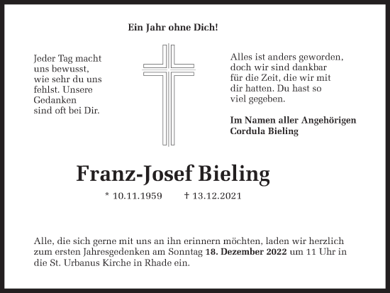 Traueranzeige von Franz-Josef Bieling von Ruhr Nachrichten und Dorstener Zeitung