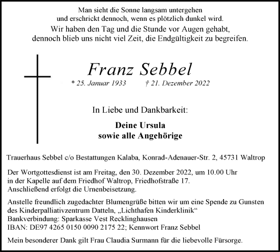 Traueranzeige von Franz Sebbel von Medienhaus Bauer
