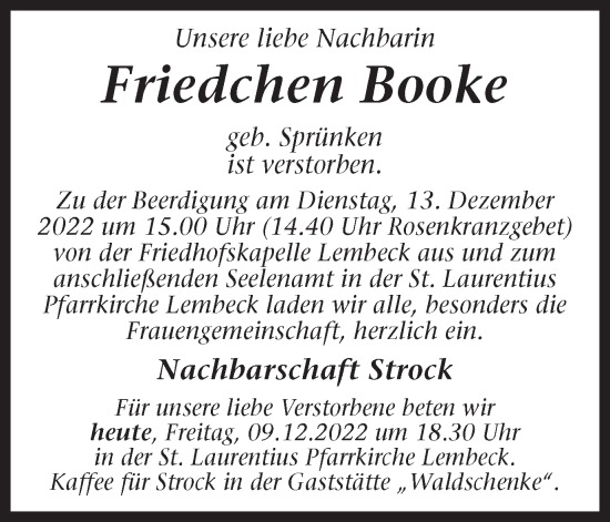 Traueranzeige von Friedchen Booke von Ruhr Nachrichten und Dorstener Zeitung