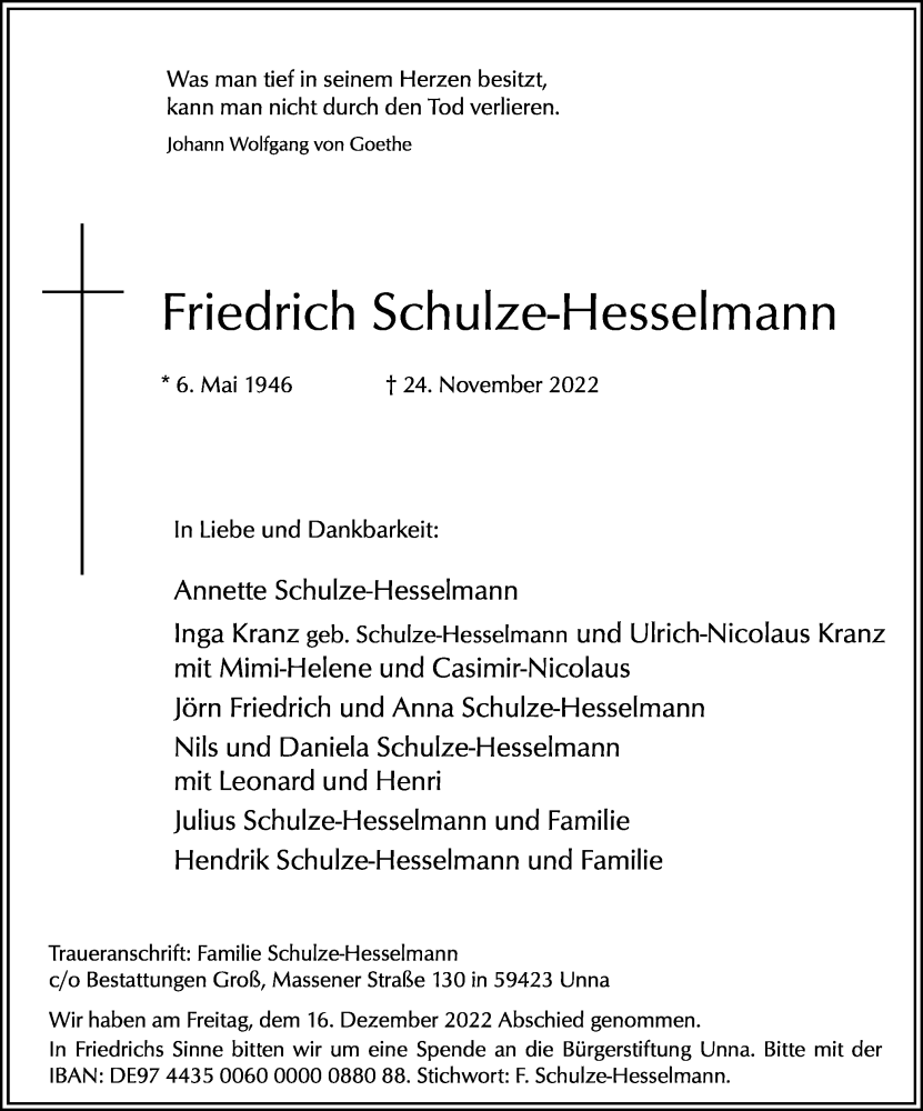  Traueranzeige für Friedrich Schulze-Hesselmann vom 17.12.2022 aus Hellweger Anzeiger