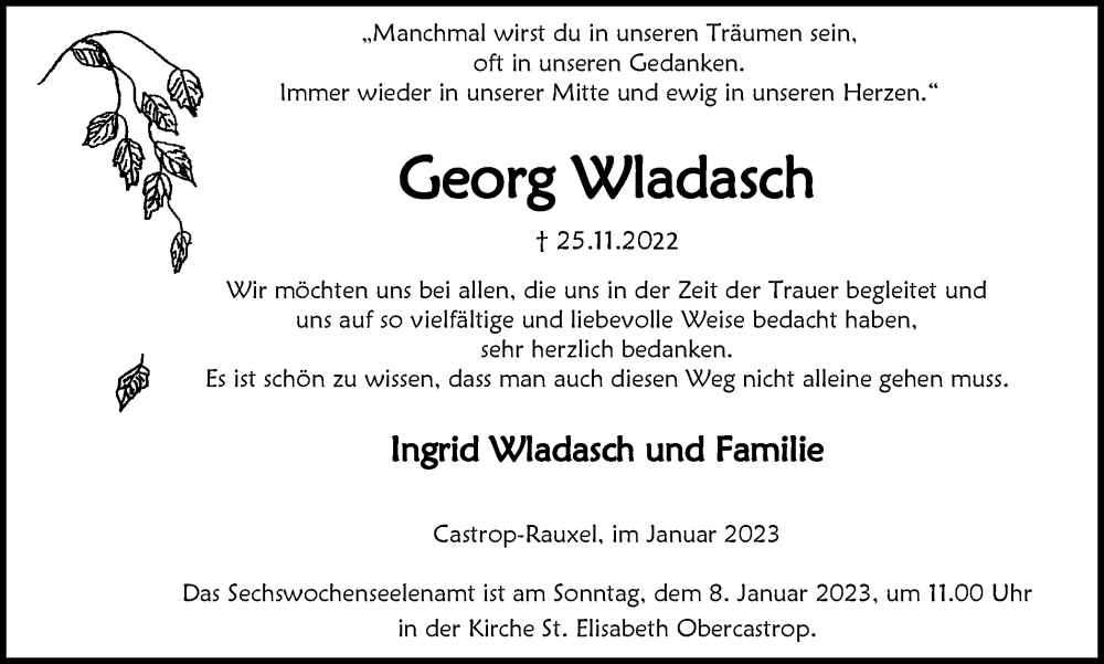  Traueranzeige für Georg Wladasch vom 31.12.2022 aus Ruhr Nachrichten