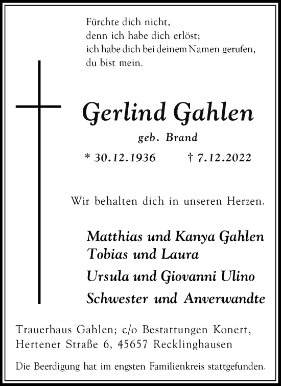 Traueranzeige von Gerlind Gahlen von Medienhaus Bauer
