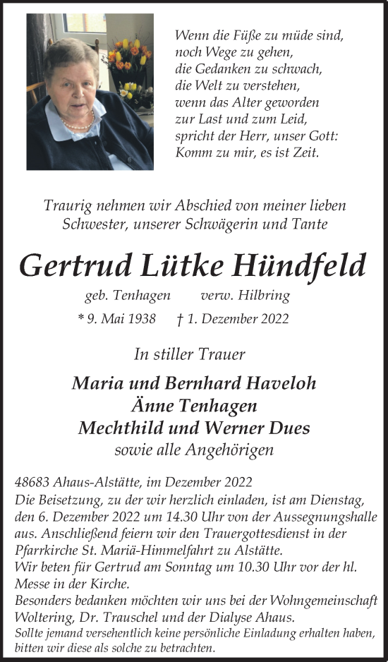 Traueranzeige von Gertrud Lütke Hündfeld von Münstersche Zeitung und Münsterland Zeitung