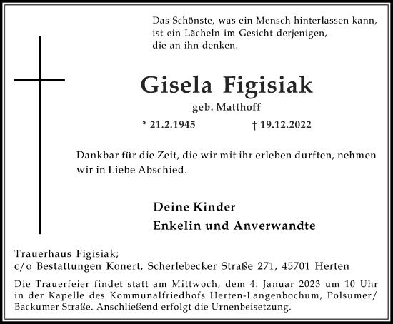 Traueranzeige von Gisela Figisiak von Medienhaus Bauer