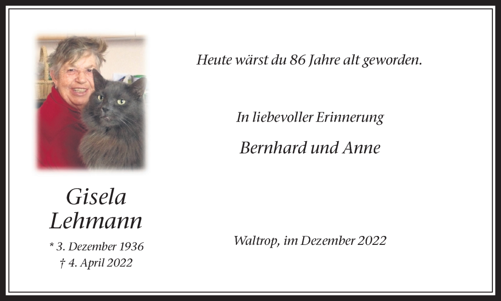  Traueranzeige für Gisela Lehmann vom 03.12.2022 aus Medienhaus Bauer