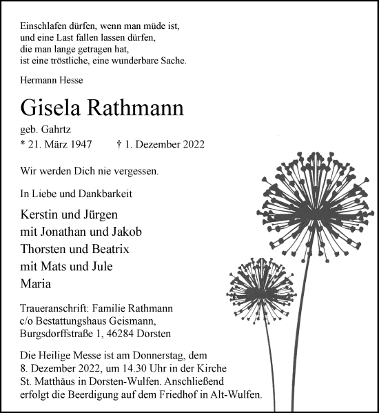 Traueranzeige von Gisela Rathmann von Ruhr Nachrichten und Dorstener Zeitung