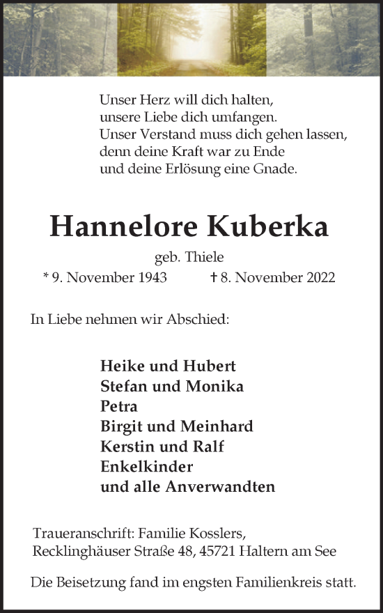 Traueranzeige von Hannelore Kuberka von Medienhaus Bauer